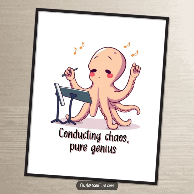 Funny Free Printable Wall Art: An octopus with multiple arms, comically trying to direct a full orchestra.