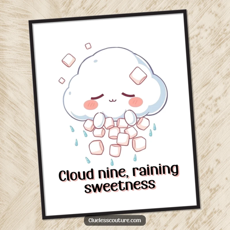 Funny Free Printable Wall Art featuring a sleepy cloud showering marshmallows instead of rain, creating a whimsical atmosphere.