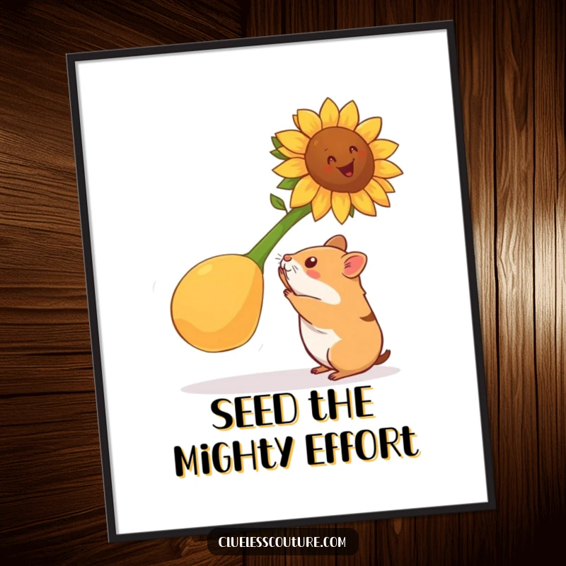 Funny Free Printable Wall Art: A small hamster heroically struggles to lift a comically gigantic single sunflower seed.