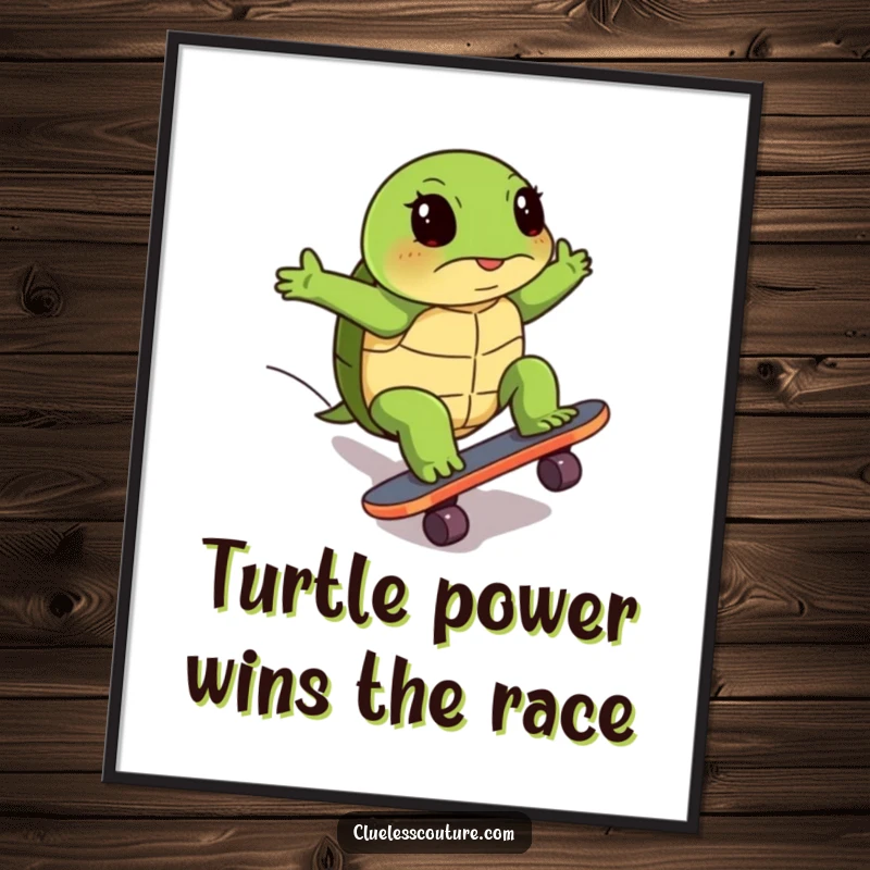 Funny free printable wall art: a turtle humorously tries to skateboard uphill with intense, comical determination, a downloadable art piece.