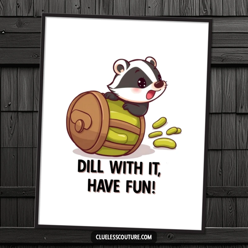 Funny free printable wall art: a startled badger inside a barrel of pickles rolling downhill, a comical, wild scene.