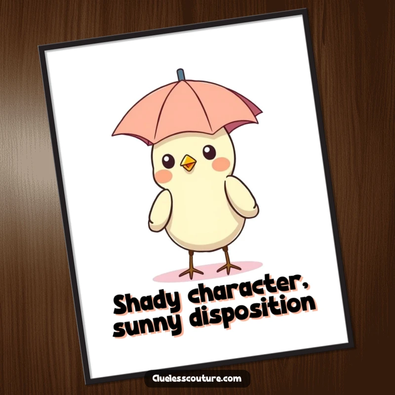 Funny free printable wall art of a bird in the sun humorously sporting a tiny umbrella as a stylish hat.