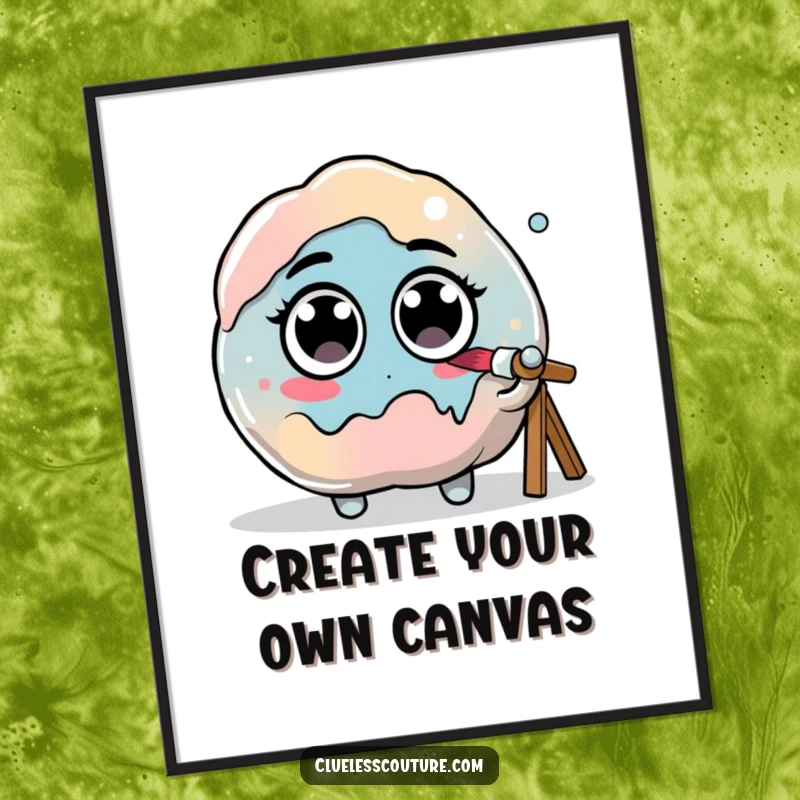Funny Free Printable Wall Art showing a blob of colorful paint with googly eyes, brush in hand, attempting the impossible task of painting itself.