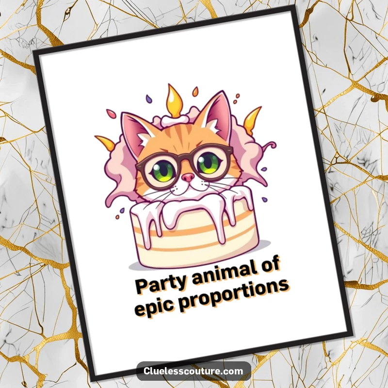 Funny Free Printable Wall Art: A bewildered cat wearing oversized spectacles peeks from behind a giant, spectacularly exploding cake, festive chaos.