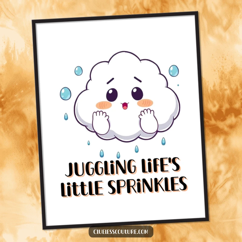 Funny free printable wall art of a surprised cloud juggling raindrops with its fluffy hands, a humorous and cute illustration.