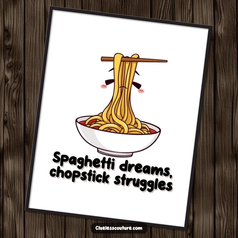 Funny Free Printable Wall Art: Confused chopsticks hilariously attempt to eat spaghetti, creating quirky and humorous decor.