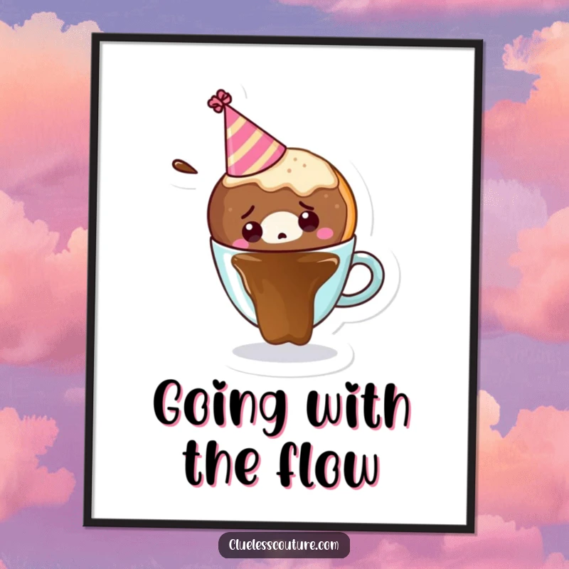 Funny Free Printable Wall Art: A bewildered donut wearing a party hat is mid-fall into a steaming cup of coffee.