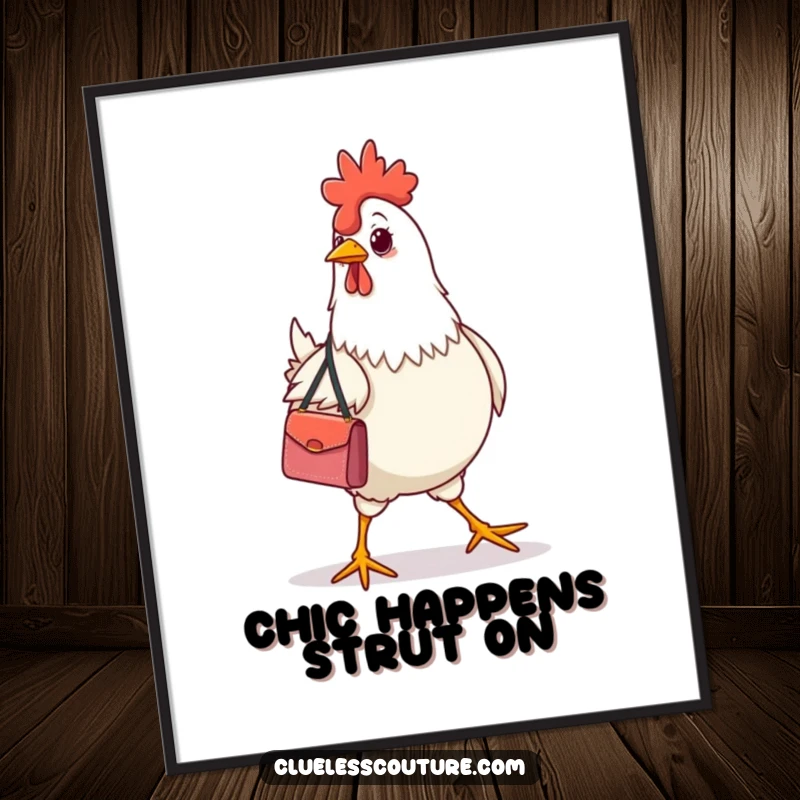 Funny Free Printable Wall Art: A chicken wearing a tiny designer handbag struts confidently, a humorous piece of downloadable art.