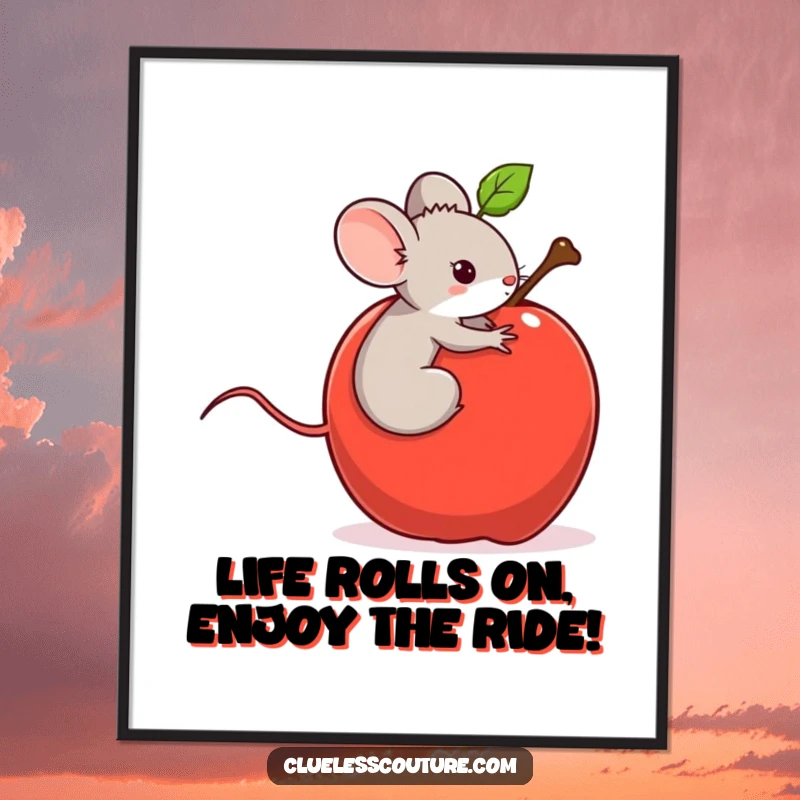 Funny free printable wall art depicting a tiny mouse having an accidental adventure on a runaway rolling apple, a scene of playful escape.
