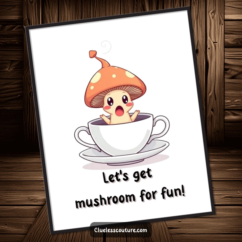 Funny free printable wall art: surprised mushroom leaping from a teacup leaving a steam trail, a magical moment.