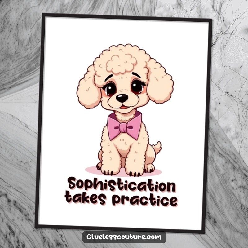 Funny Free Printable Wall Art: A confused poodle attempts to tie a cravat, adding quirky humor to walls.