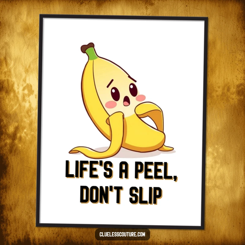 Funny Free Printable Wall Art of a surprised banana peel character comically slipping on itself in a hilarious pose.