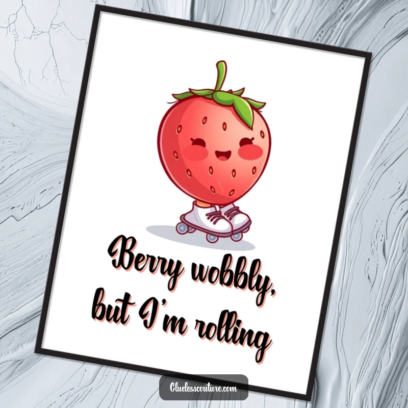 Funny free printable wall art of a blushing strawberry on tiny roller skates, wobbling uncontrollably, a whimsical and humorous illustration.