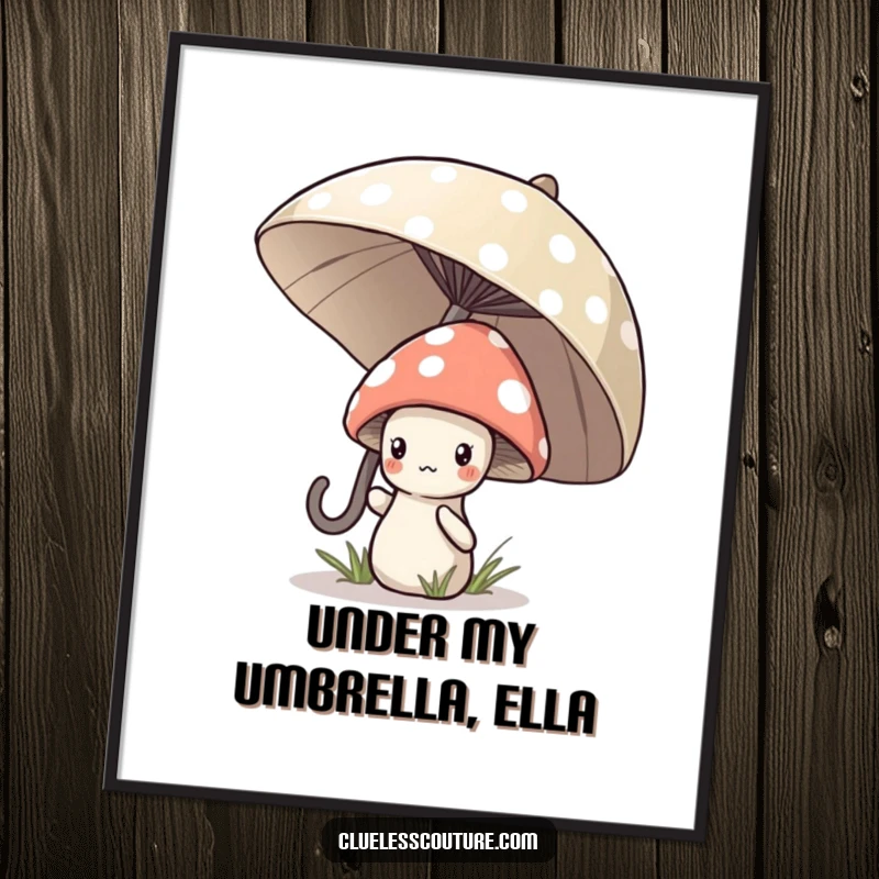Funny Free Printable Wall Art: A shy mushroom character peeking from under a large polka dot umbrella, creating cozy and whimsical decor.