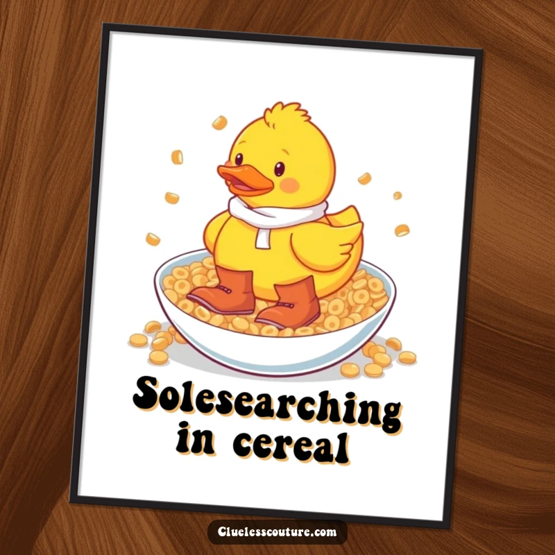 Funny Free Printable Wall Art: A cartoon rubber duck wearing giant boots, wading through a massive bowl of breakfast cereal.