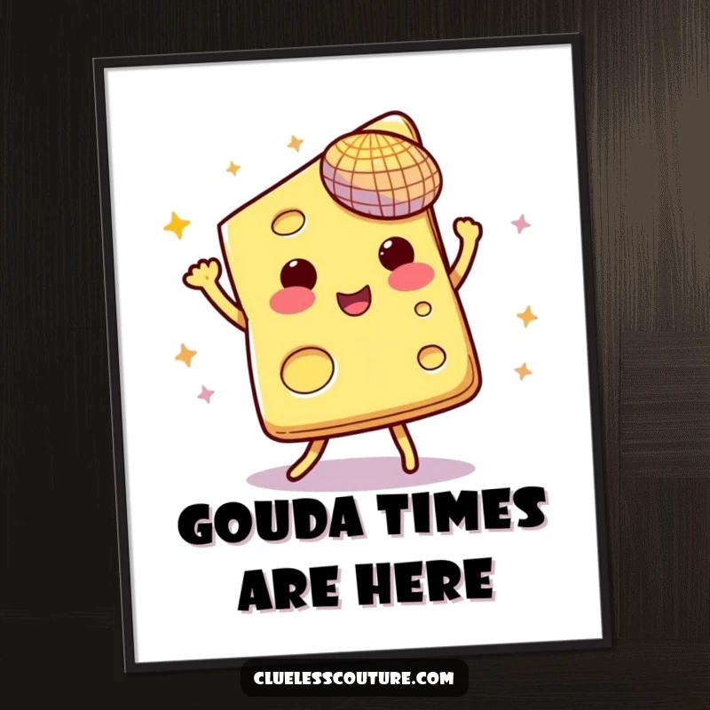 Funny Free Printable Wall Art: A dancing slice of cheese with a tiny disco ball, bringing disco fever to your home.