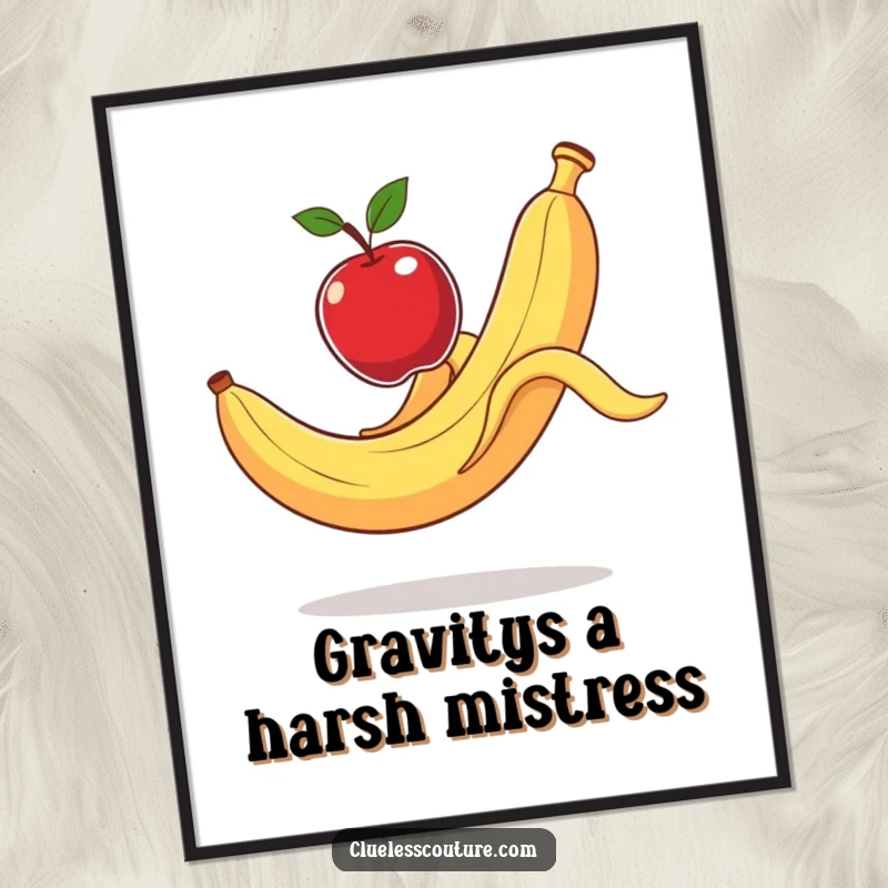 Funny Free Printable Wall Art: Banana peel slips comically, sending an apple flying, a hilarious cartoon for your wall.