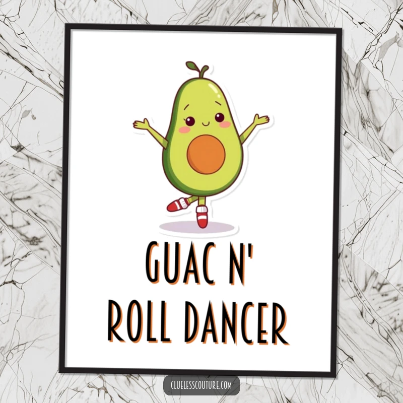 Funny Free Printable Wall Art: A shy avocado character wearing colorful mismatched socks attempts a ballet pose with endearing shyness.