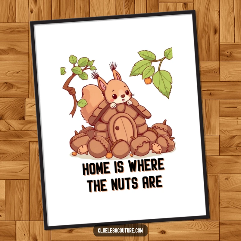 Funny free printable wall art showcasing a determined squirrel attempting to build a house from oversized acorns, a humorous downloadable art piece.