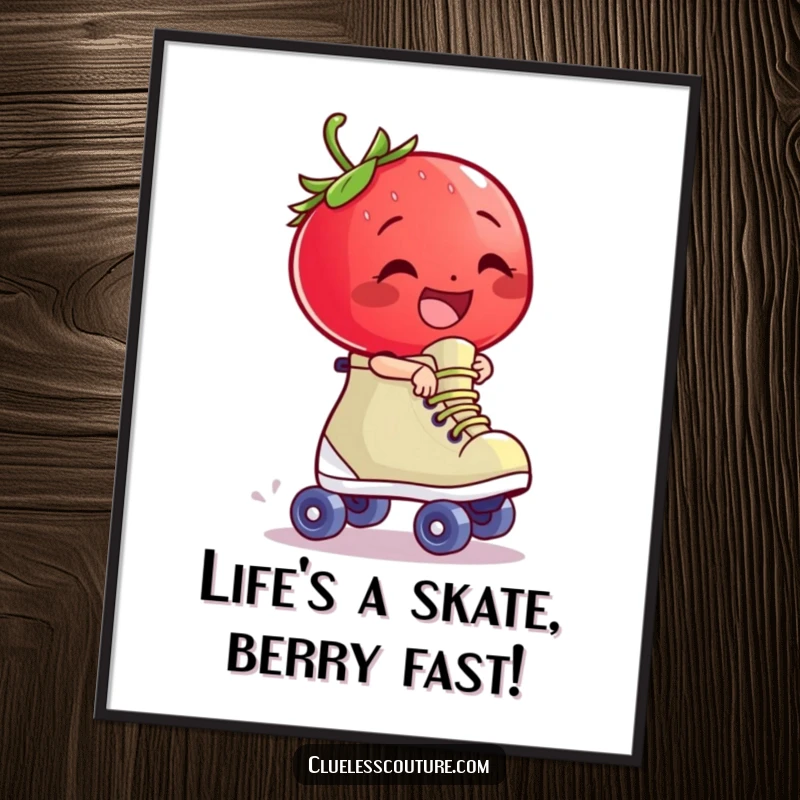 Funny Free Printable Wall Art: Giggling strawberry cartoon riding a runaway roller skate, whimsical downloadable decor.