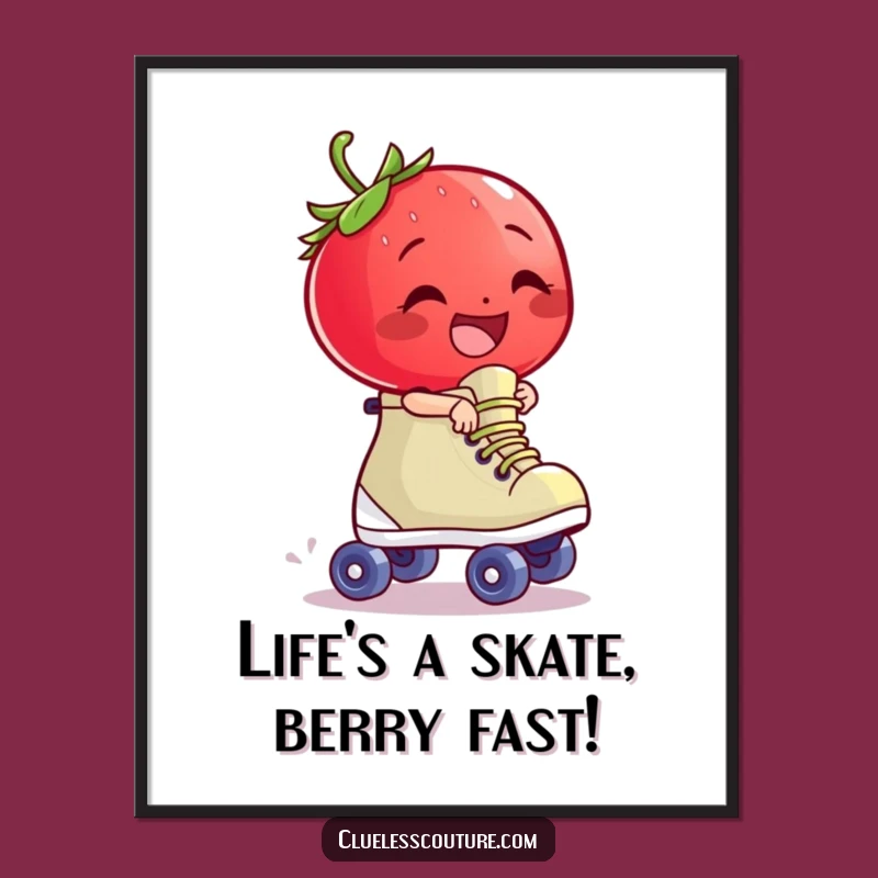 Humorous Free Printable Wall Art: Strawberry Skate Fun, Quirky Downloadable Decor