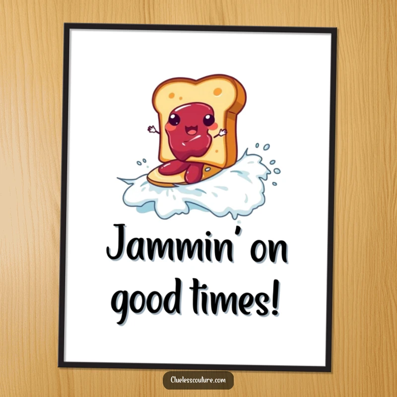 Funny free printable wall art: a piece of toast surfing on a cresting wave of jam, a breakfast dream.