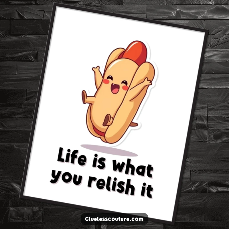 Funny Free Printable Wall Art: A delighted hot dog performing an energetic cartwheel inside its bun, adding a playful vibe.
