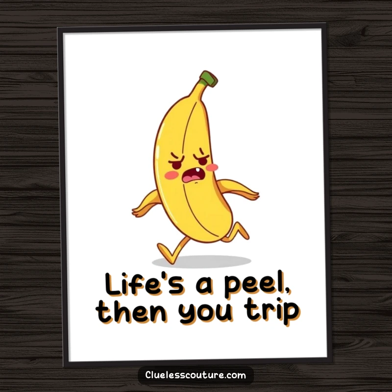 Funny Free Printable Wall Art: Nervous banana cartoon tripping over its own peel, humorous downloadable decor art.