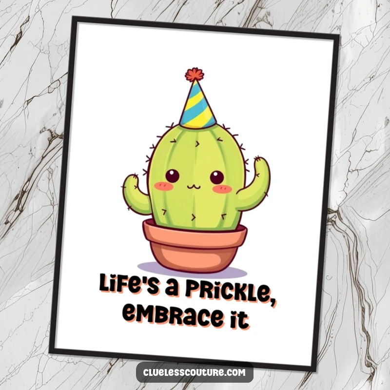 Funny Free Printable Wall Art of a cactus in a tiny party hat looking utterly overwhelmed by the festivities.
