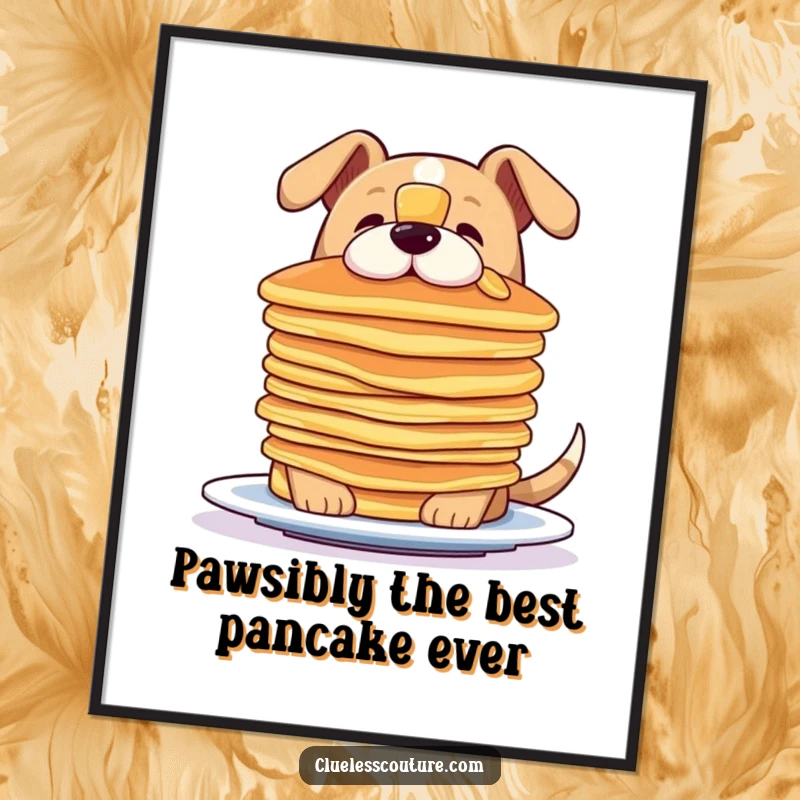 Funny Free Printable Wall Art: A dog masterfully balancing an impressive stack of pancakes on the tip of its nose, looking proud.