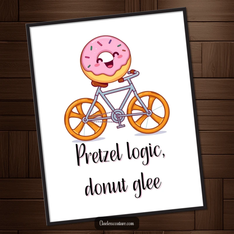Funny Free Printable Wall Art: A cheerful, sprinkled donut joyfully rides a bicycle constructed from pretzels.
