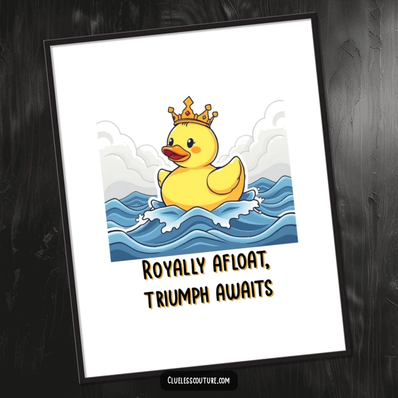 Funny Free Printable Wall Art: A triumphant rubber ducky wearing a crown navigates stormy seas with humorous, kingly resolve.