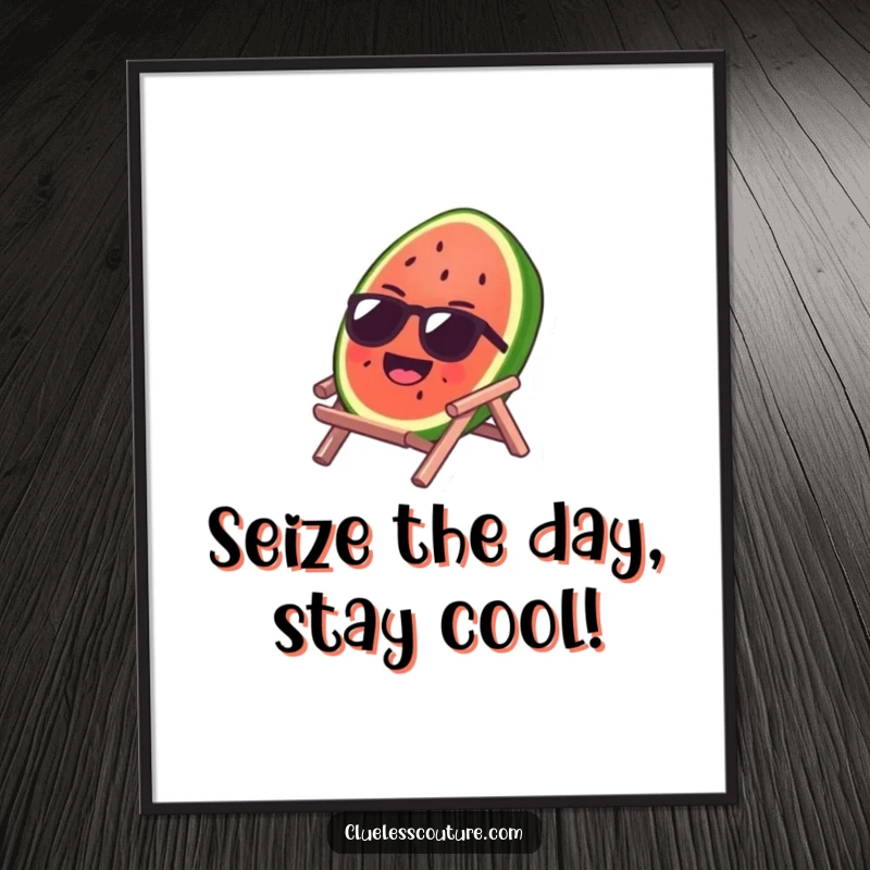 Funny free printable wall art showing a laughing watermelon slice wearing sunglasses, sunbathing on a tiny beach chair, radiating summer fun and relaxation.
