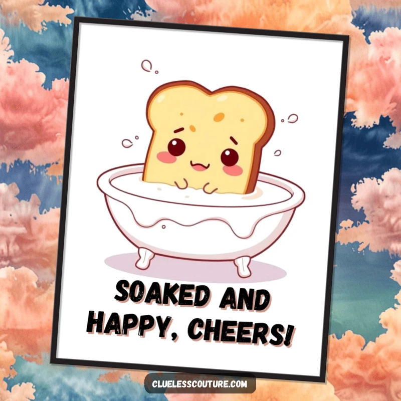 Funny free printable wall art of a bewildered piece of toast floating in a bathtub full of milk, a quirky and amusing addition to any space.