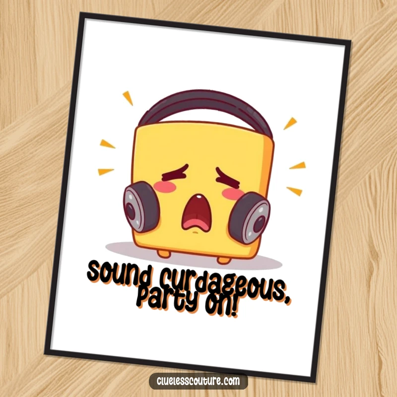 Funny free printable wall art of a startled cheese block wearing oversized headphones, reacting comically to loud music, ideal for kitchen decor.