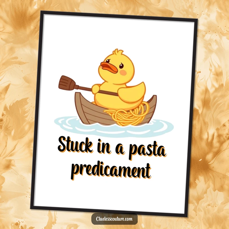 Funny Free Printable Wall Art: A confused rubber duck attempts to paddle a boat constructed entirely out of spaghetti.