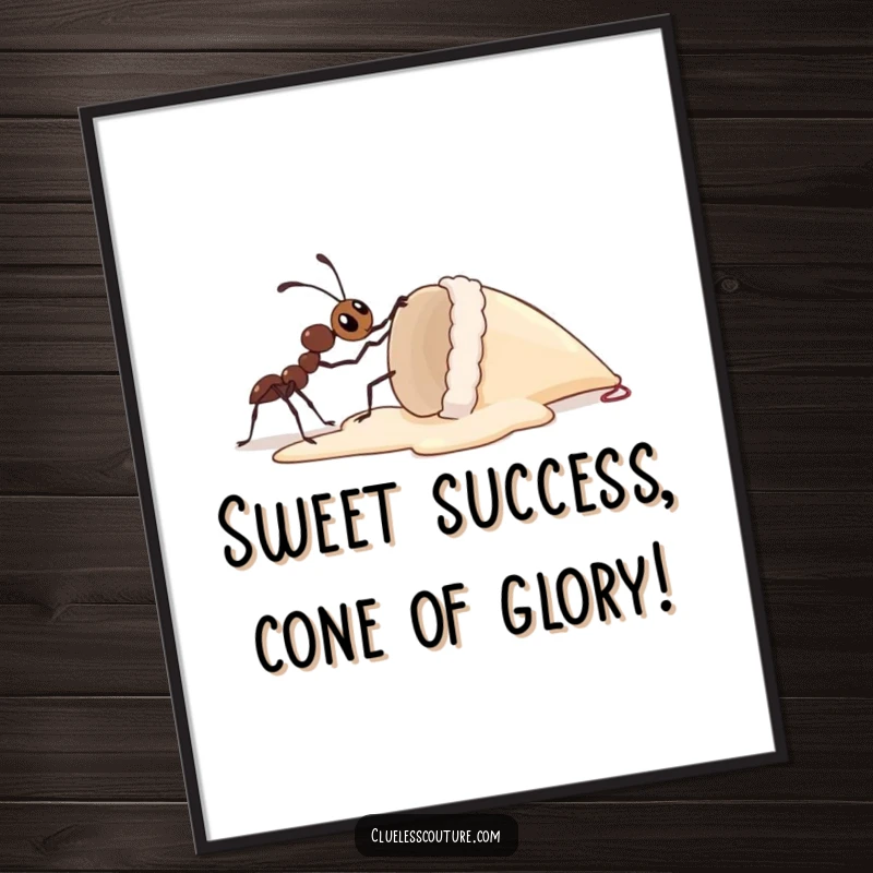 Funny free printable wall art showing a curious ant attempting to lift a gigantic dropped ice cream cone all by itself, inspiring and amusing.