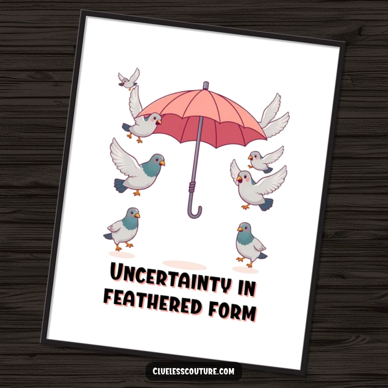 Funny Free Printable Wall Art: A flock of surprised pigeons is attempting to fly in opposite directions from under one tiny umbrella, absurd.