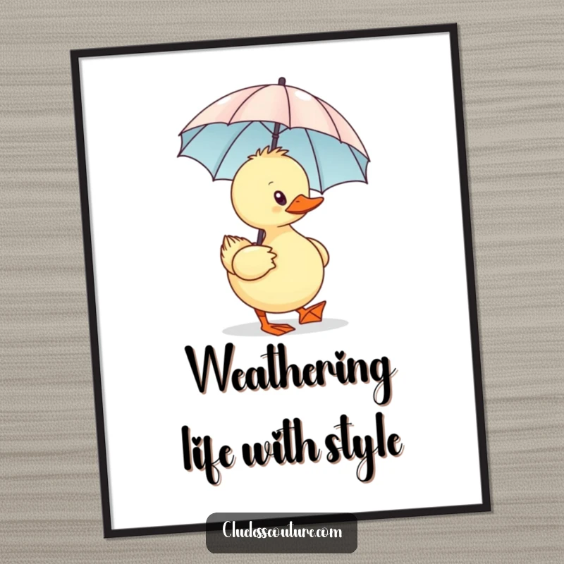 Funny Free Printable Wall Art: Sassy duck waddling with a minuscule designer umbrella, exuding confidence and charm, perfect for adding humor to decor.