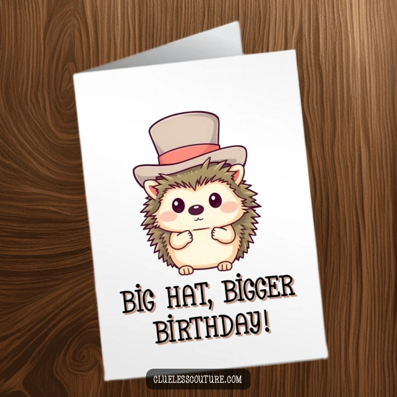 Funny Free Printable Birthday Card: A shy hedgehog struggling comically to wear a top hat much too large for its head.