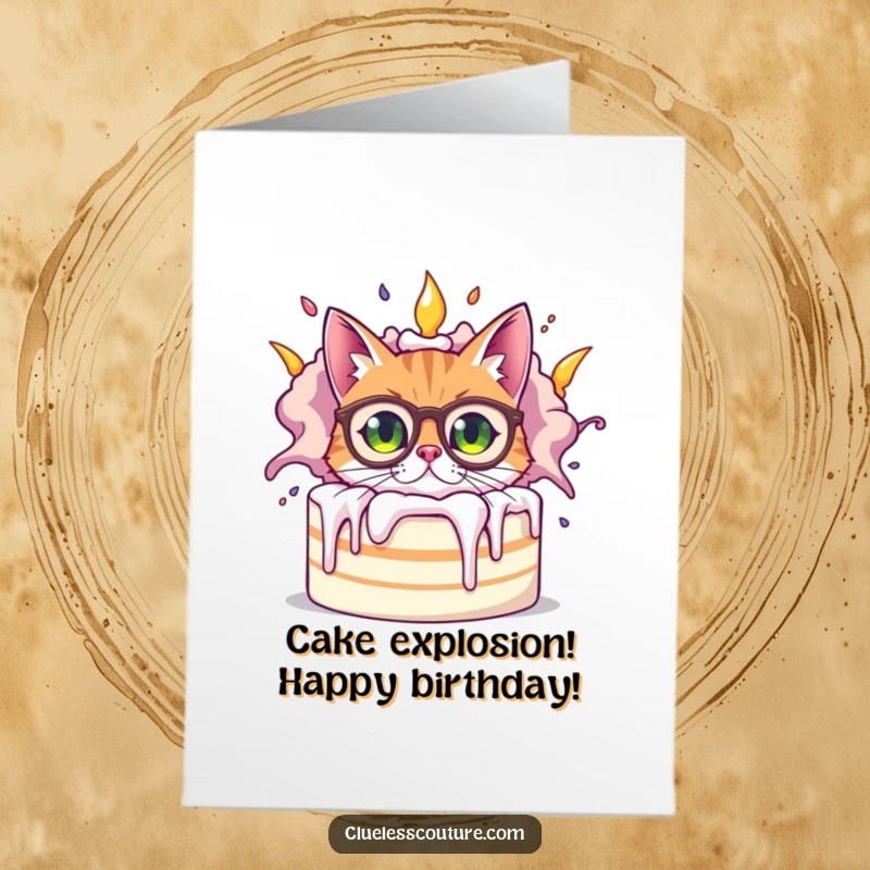 Funny Free Printable Birthday Card: A bewildered cat in big glasses peeks from behind a giant, exploding birthday cake, chaotic fun.