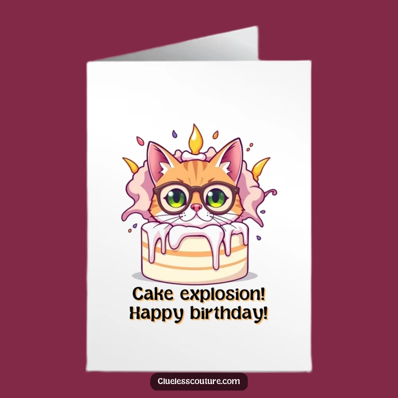Funny Free Printable Birthday Card: Bewildered Cat & Exploding Cake, Hilarious Downloadable Gift