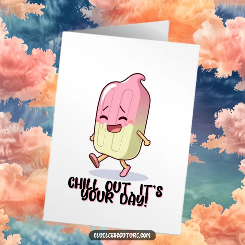 Funny Free Printable Birthday Card: A melting popsicle character hilariously struggling to walk, perfect for a laugh.