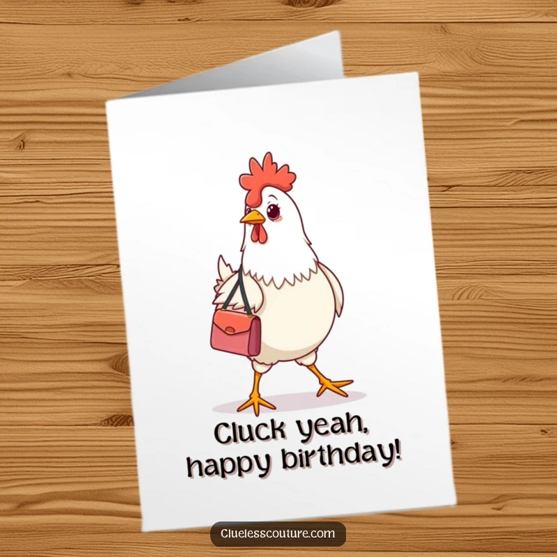 Funny Free Printable Birthday Card: A chicken in a tiny designer handbag struts confidently, a stylish birthday illustration.