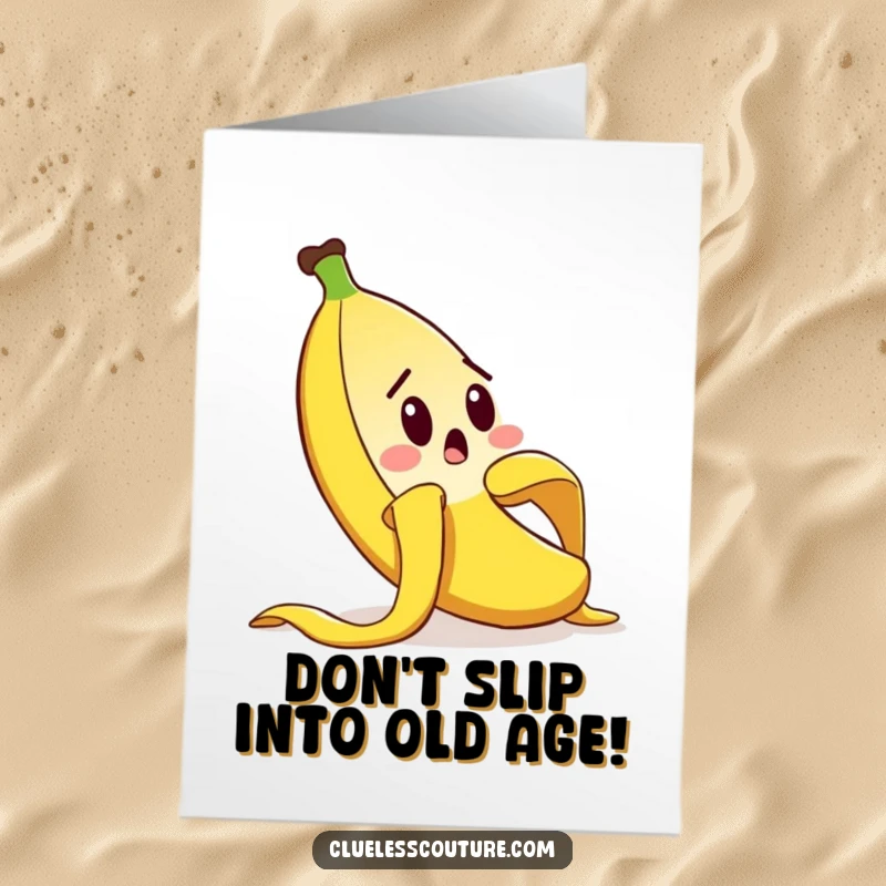 Funny Free Printable Birthday Card shows a surprised banana peel character comically slipping on itself with a surprised expression.