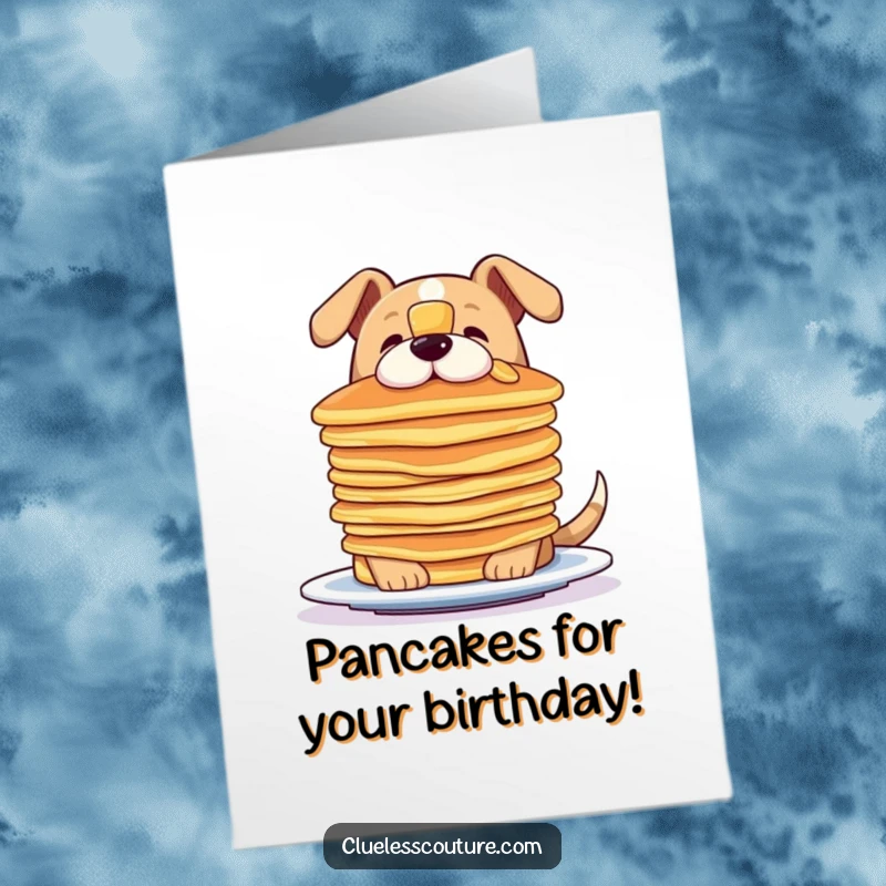 Funny Free Printable Birthday Card: A goofy dog attempting to balance a tall stack of fluffy pancakes perfectly on its nose.