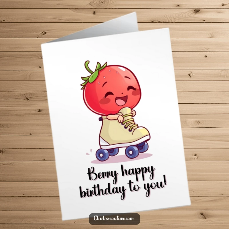 Funny Free Printable Birthday Card: Giggling strawberry cartoon riding a runaway roller skate, comical birthday art.