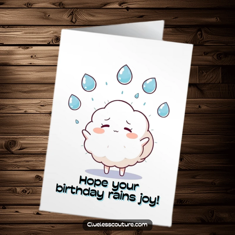 Funny Free Printable Birthday Card: Overwhelmed cloud character juggles raindrops, wishing a hilariously happy birthday. Cute and comical.