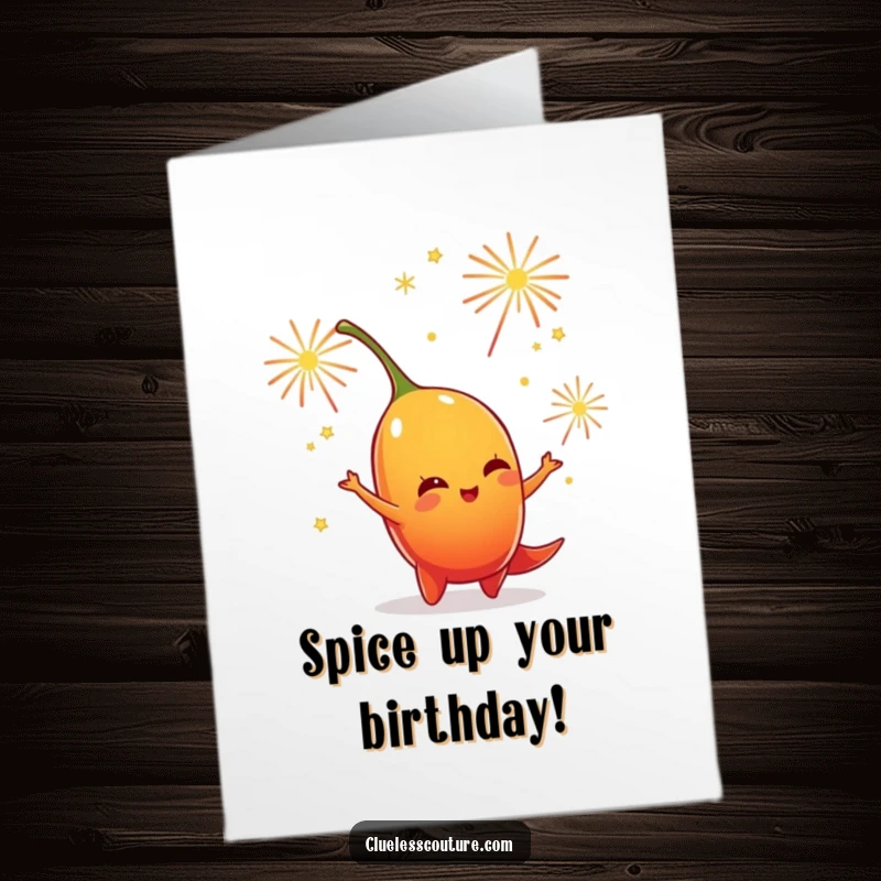 Funny Free Printable Birthday Card: A playful chili pepper juggling tiny fireworks, setting the celebration ablaze.