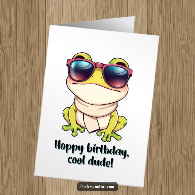 Funny Free Printable Birthday Card: A stylish frog with oversized sunglasses and a small scarf, looking effortlessly cool.